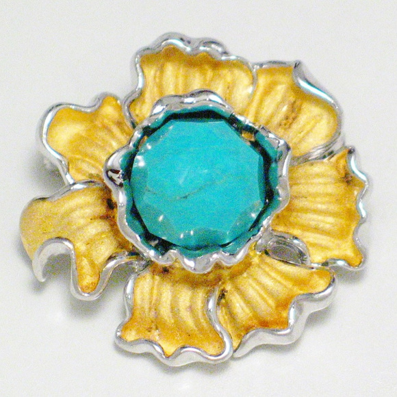 Gold Flower Brooch Pendant w/ Turquoise Sterling - Picture 4 of 4